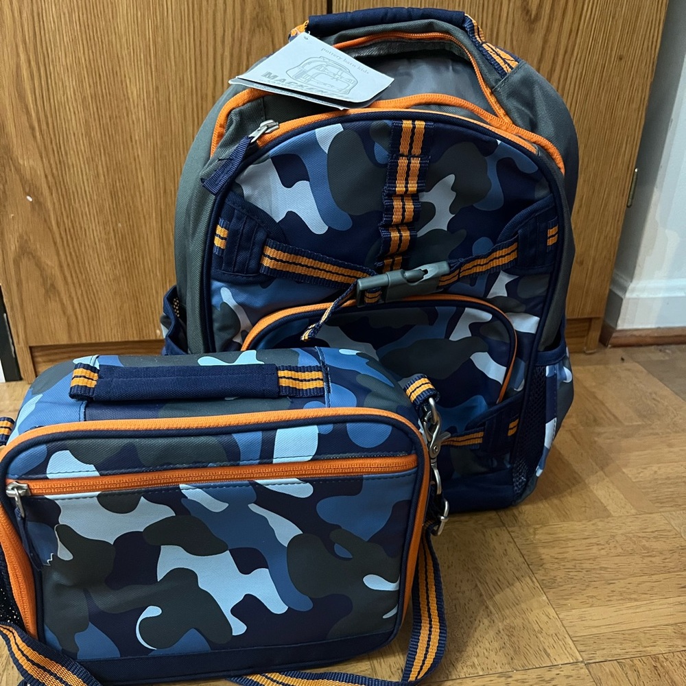 New large pottery barn book bag & used for one school year cold pack lunch box.